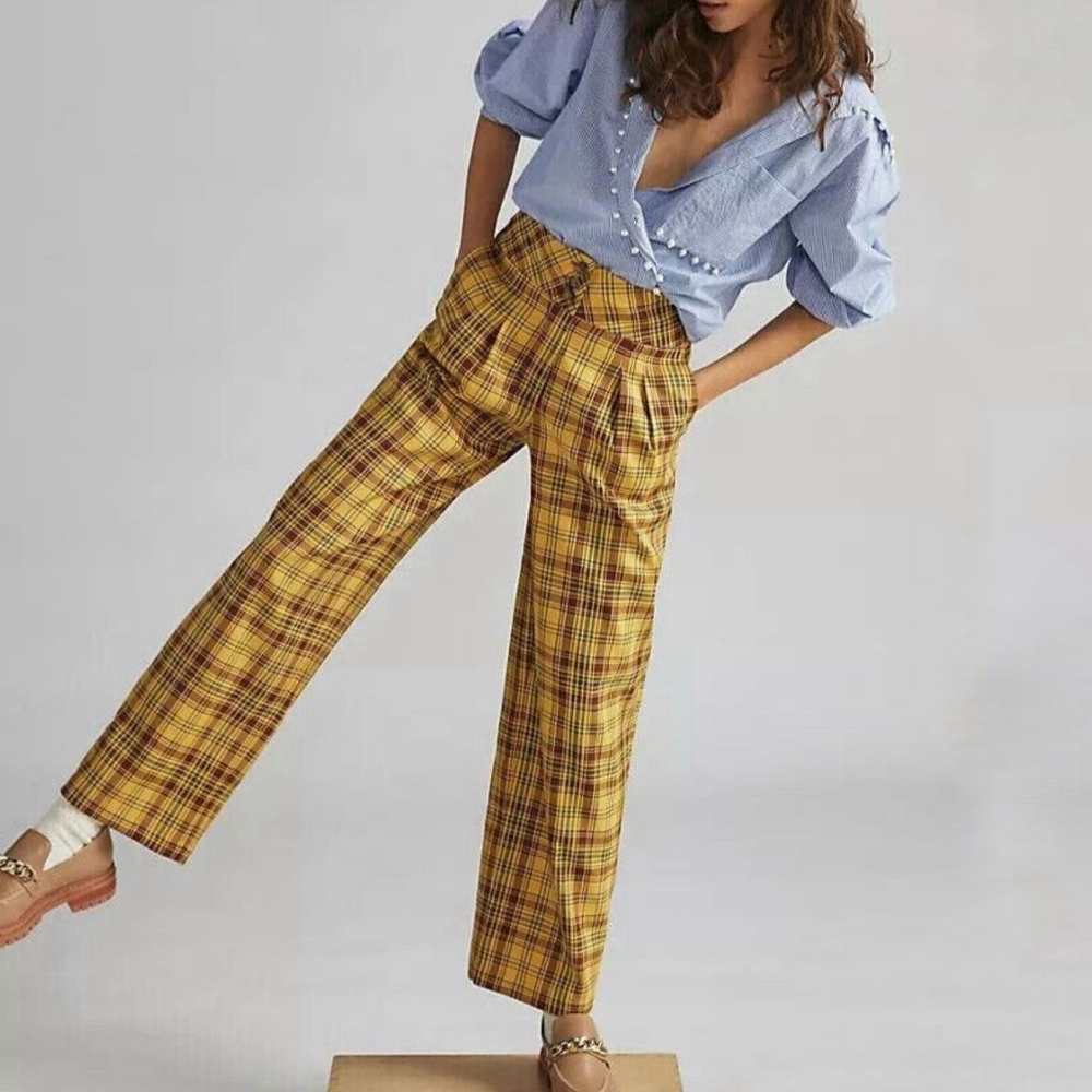 Anthropologie Plaid Wide Leg Pants Marygold Gold Tartan yellow women's large L - Picture 2 of 7